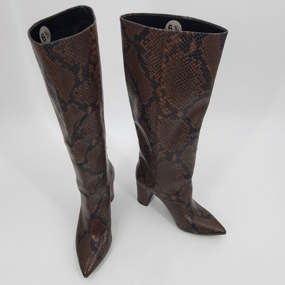 INC Paiton brown snakeskin print chunky heel boots